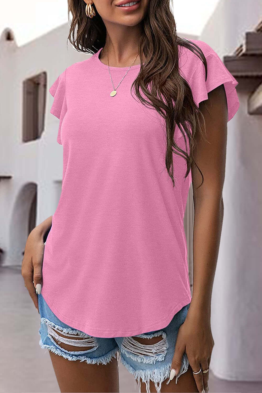 Ruffled Round Neck Cap Sleeve Blouse Pink