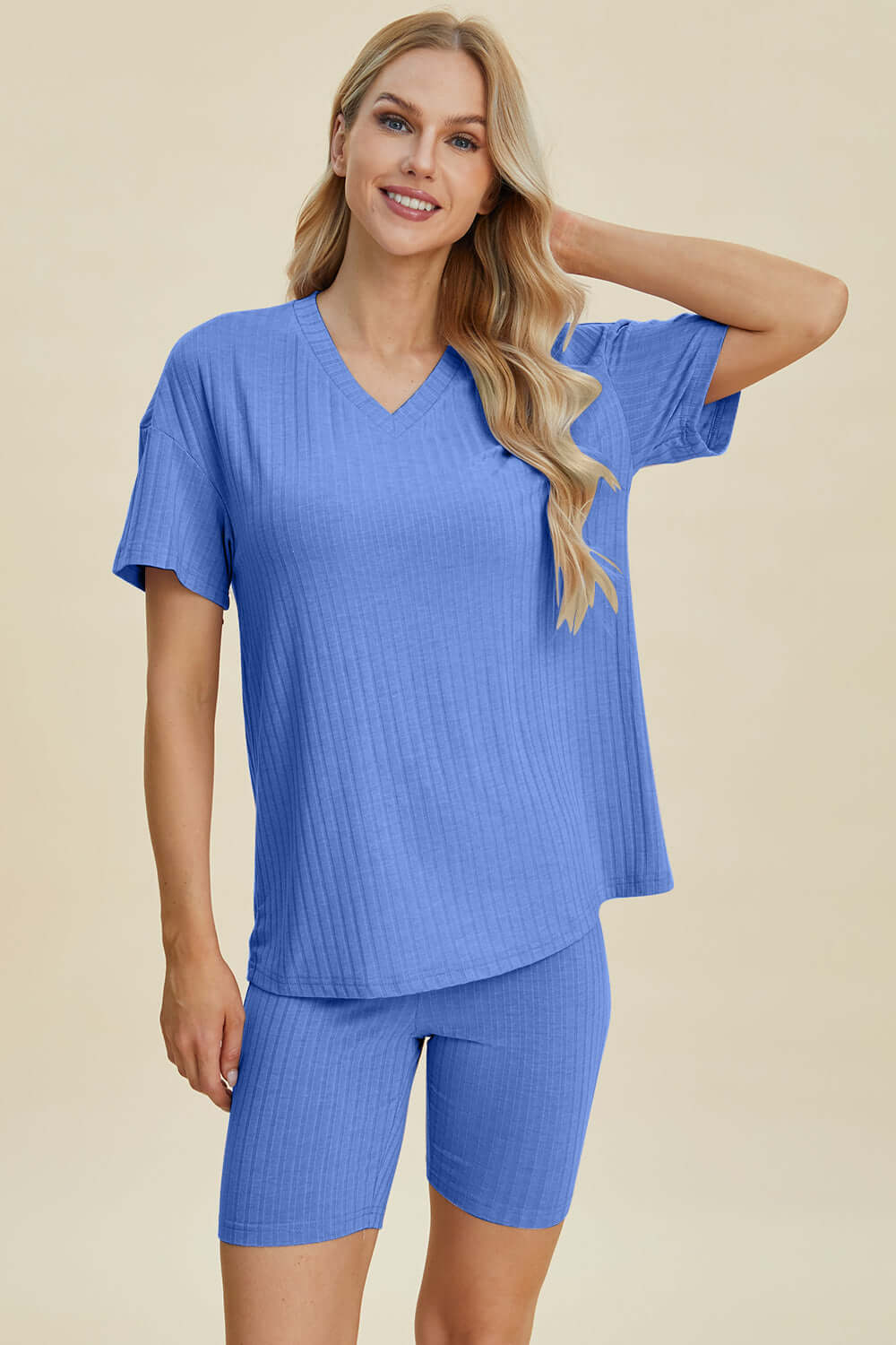 Stylish Ribbed V-Neck Top & Shorts Set for Everyday Wear