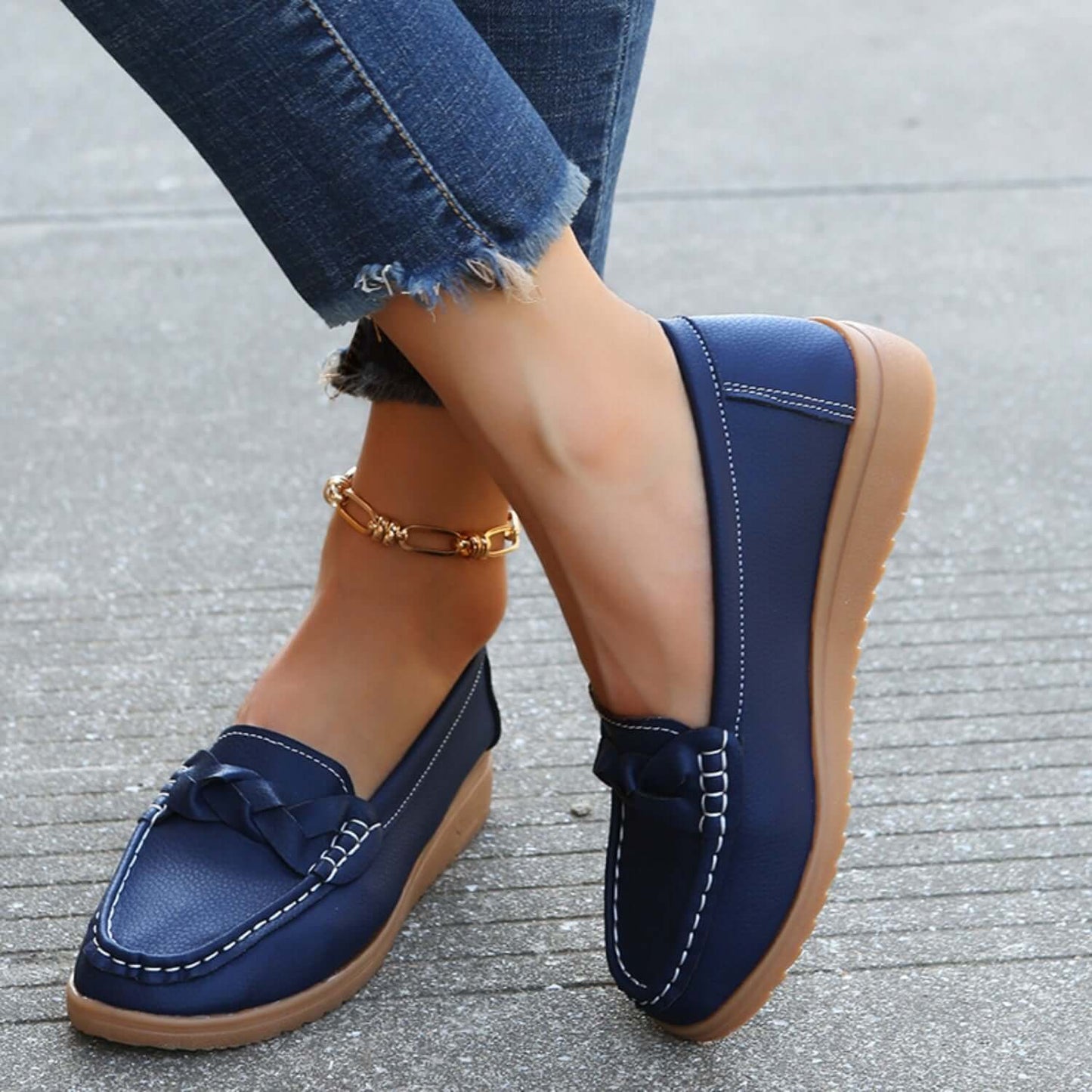 Weave Wedge Heeled Loafers Dark Blue