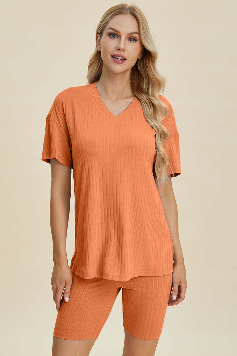 Stylish Ribbed V-Neck Top & Shorts Set for Everyday Wear