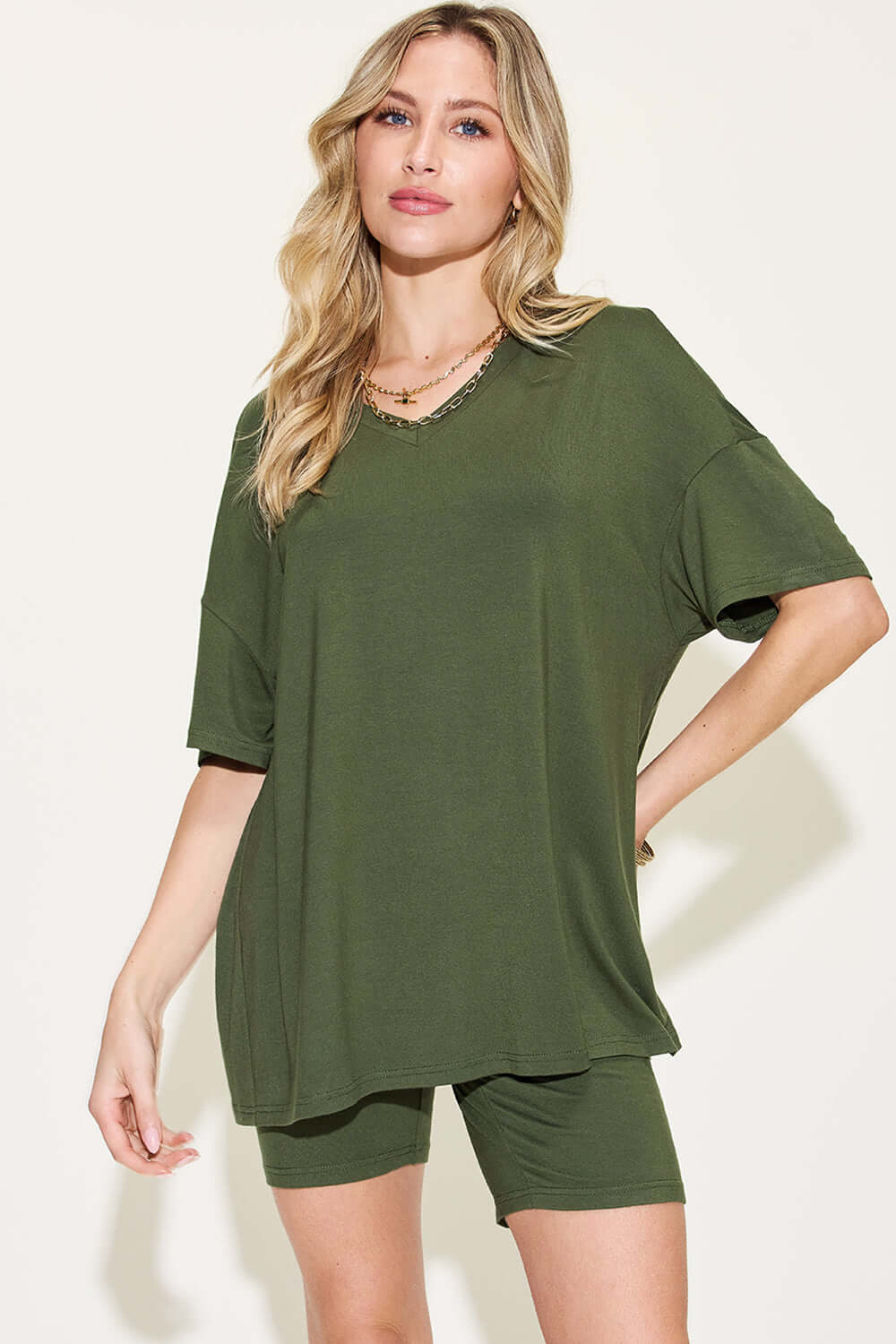 Full Size V-Neck Drop Shoulder T-Shirt and Shorts Set Matcha Green