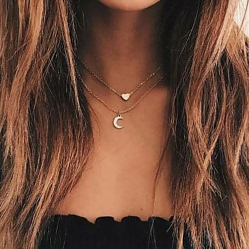 Moon and Heart Two Layer Necklace Gold