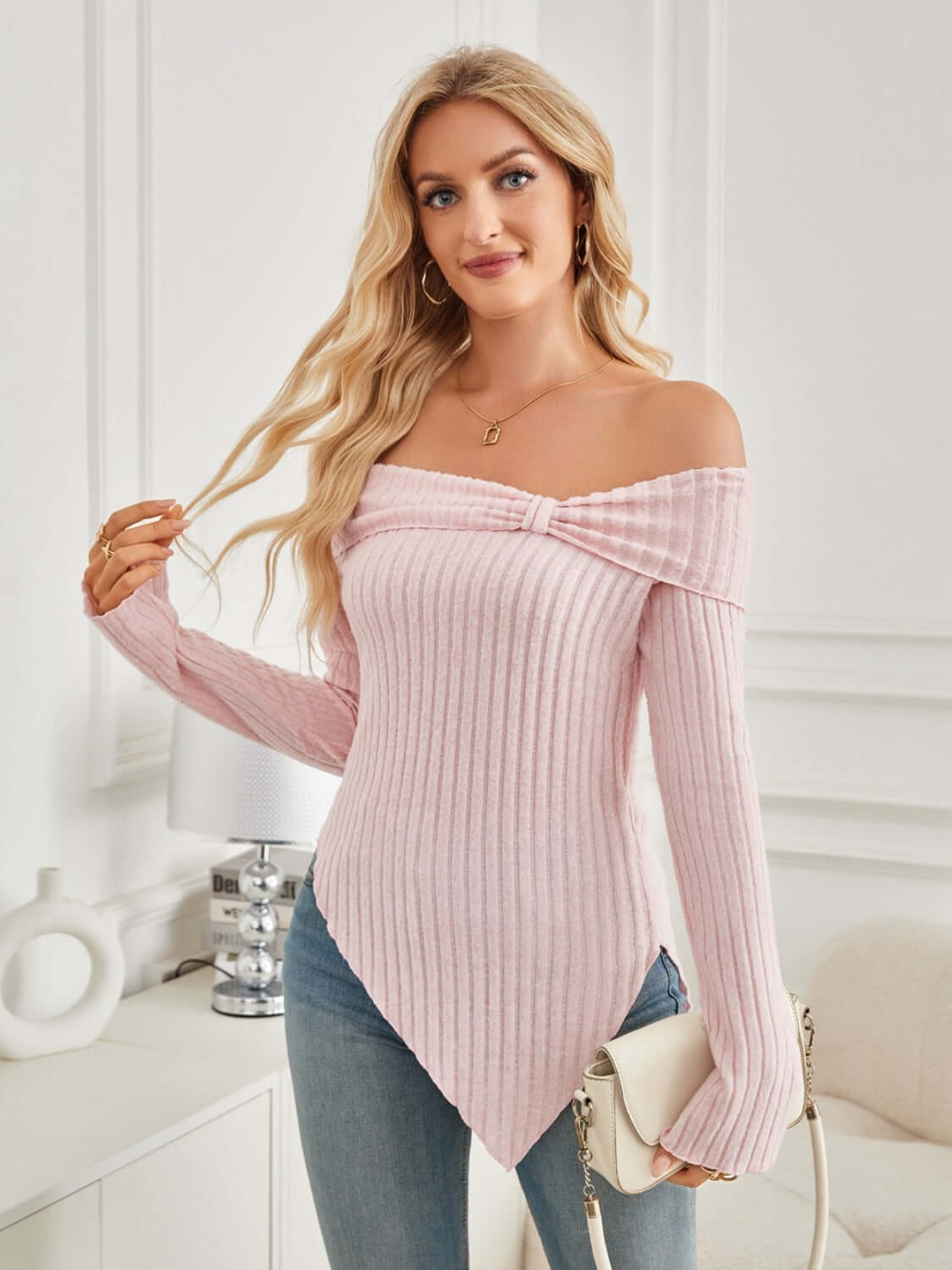 Ribbed Asymmetrical Hem Off-Shoulder Long Sleeve Tee