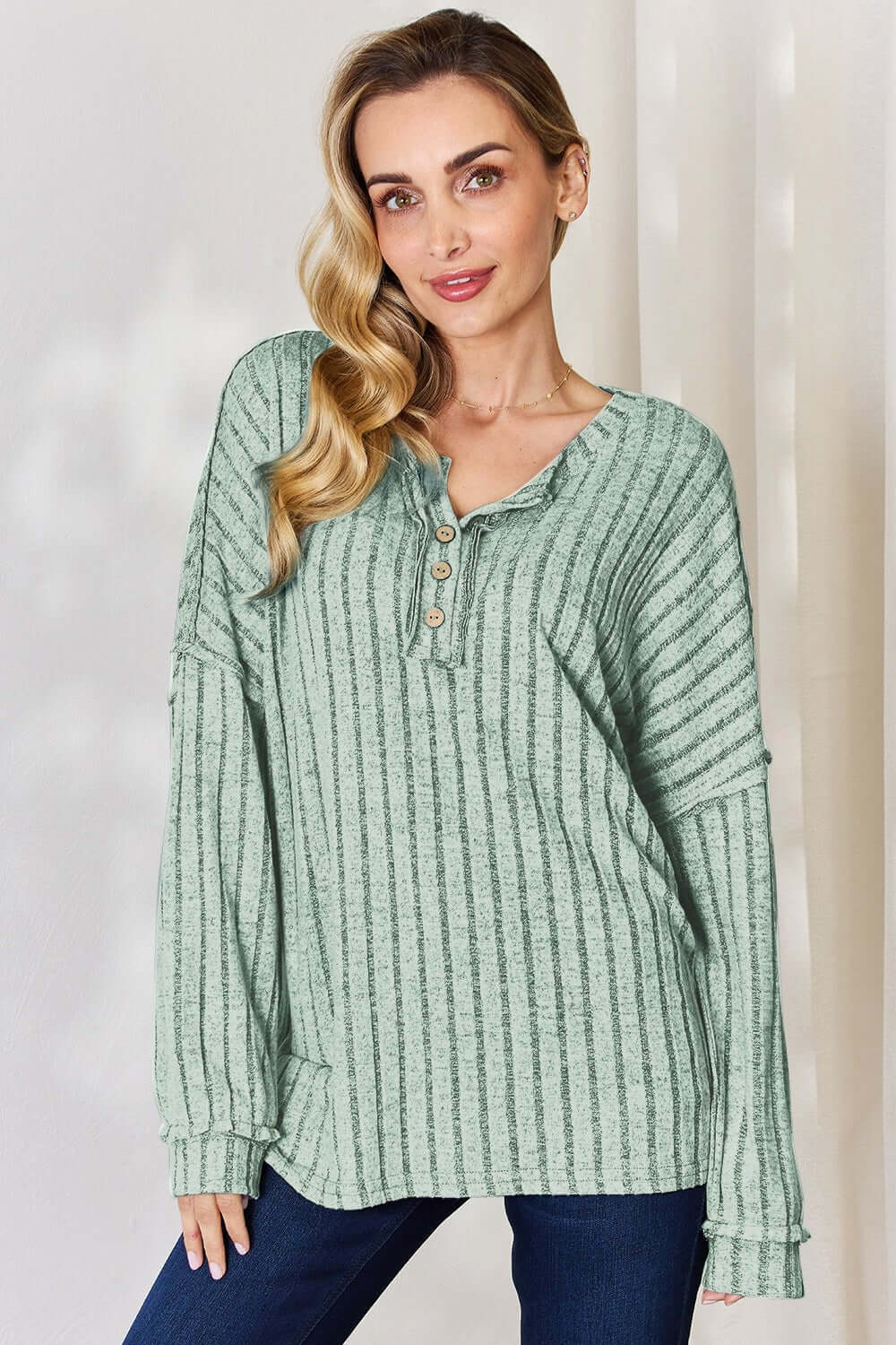 Basic Bae Ribbed Half Button Long Sleeve T for Style Light Green