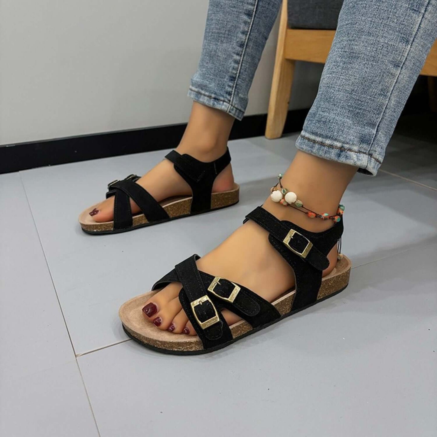 Open Toe Flat Buckle Sandals Black