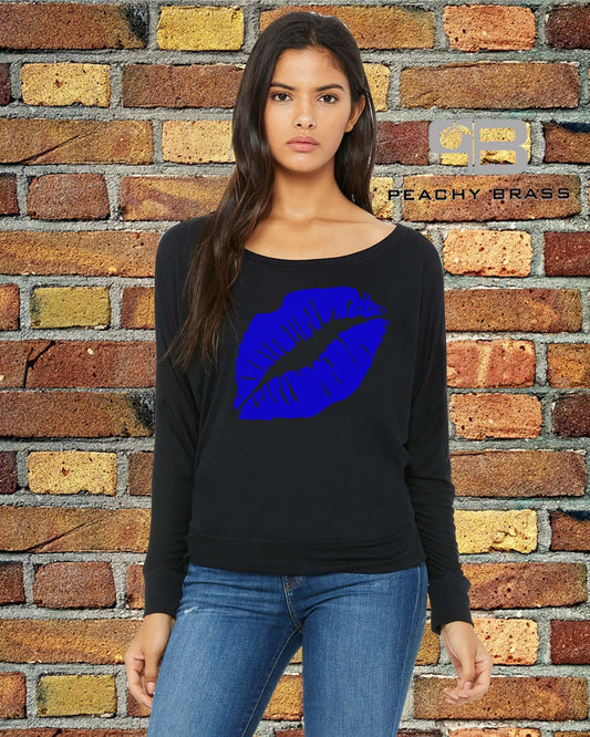 Women Off The Shoulder Lips Shirt blue