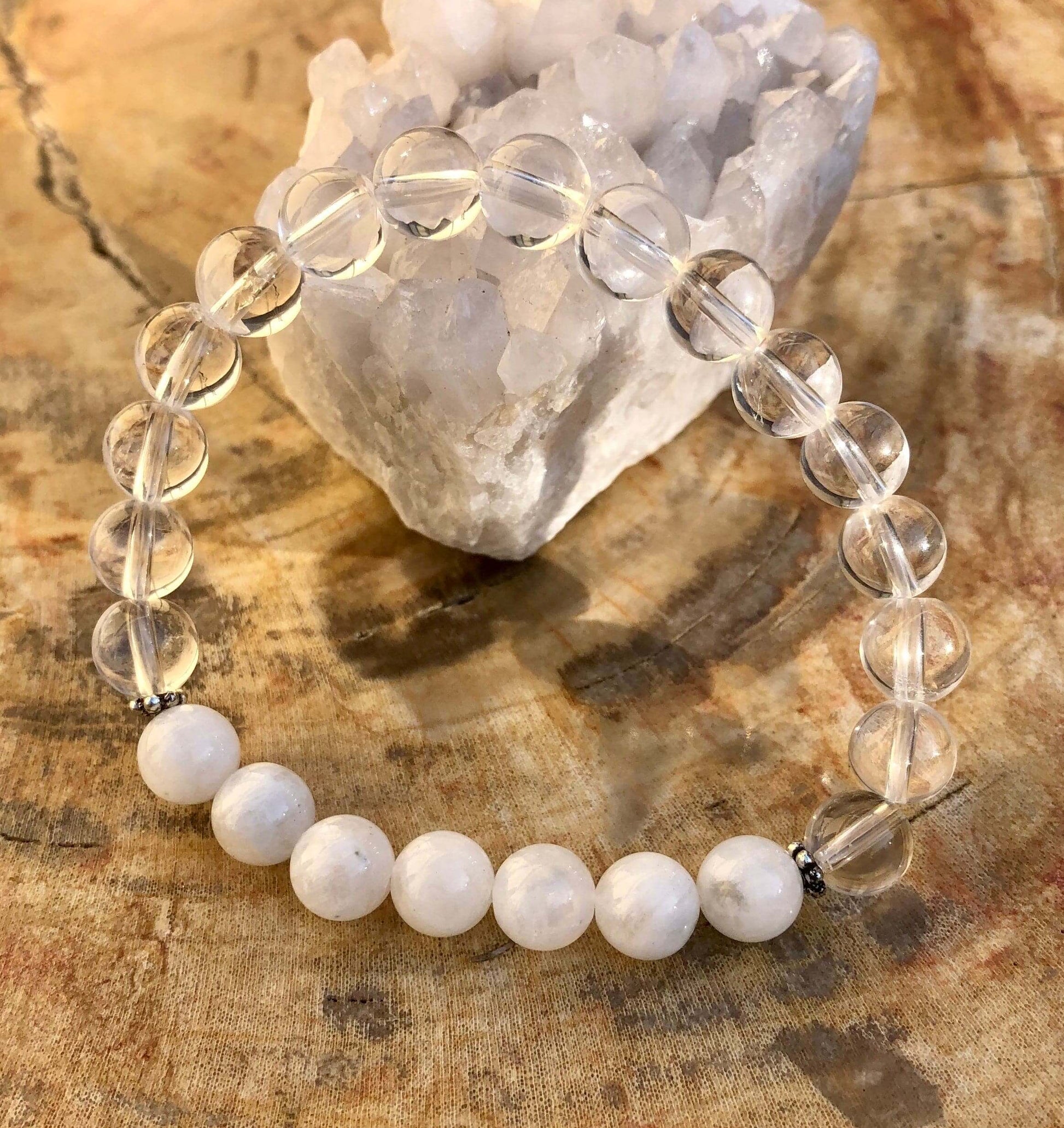 Rainbow Moonstone &amp; Crystal Quartz Stretch Bracelet