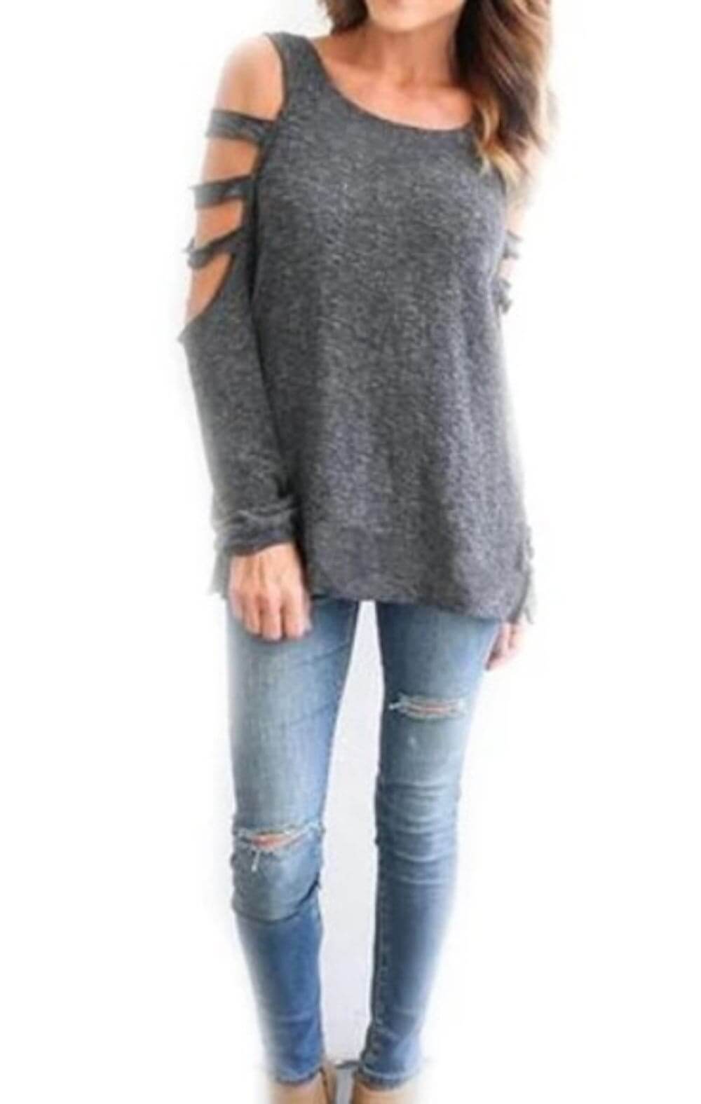 Womens Open Shoulder Long Sleeve Casual Top