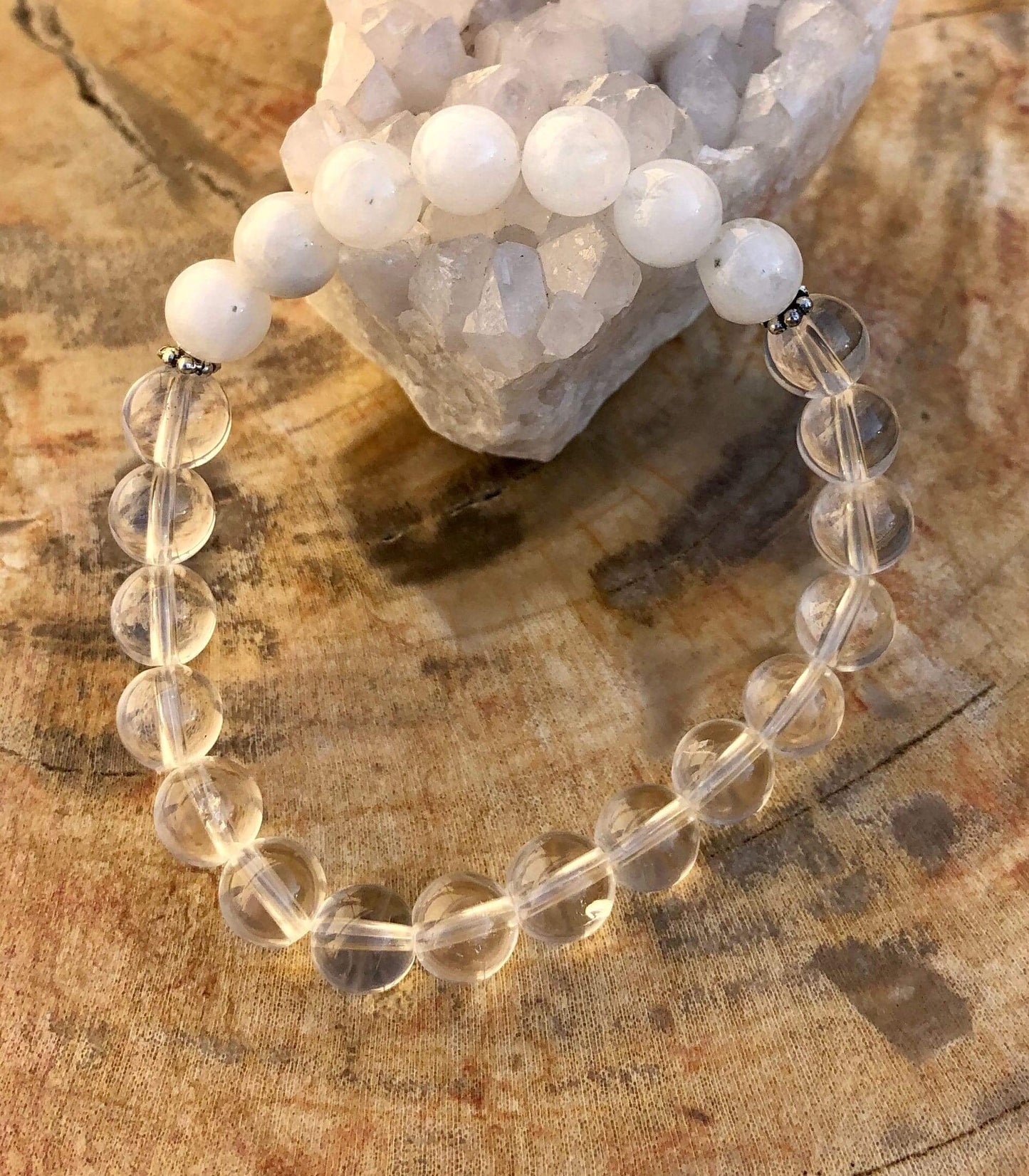 Rainbow Moonstone &amp; Crystal Quartz Stretch Bracelet