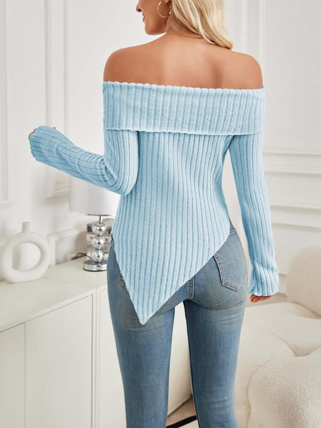 Ribbed Asymmetrical Hem Off-Shoulder Long Sleeve Tee