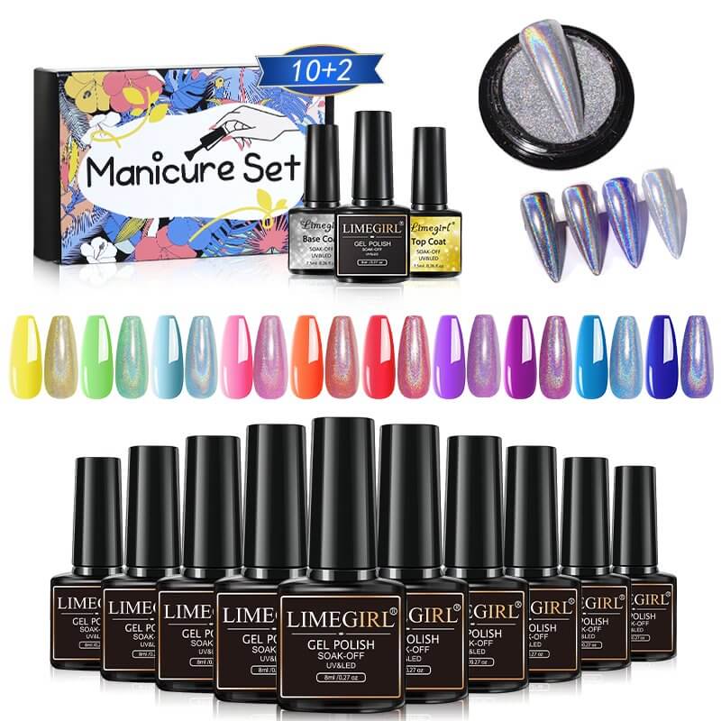 Limegirl Gel Nail Set with Metallic Dust &amp; Top Coats ZH445-1