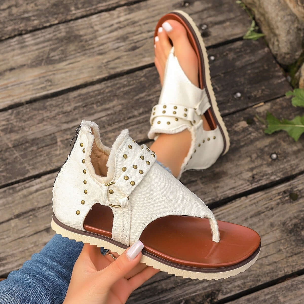 Studded Raw Hem Flat Sandals Ivory