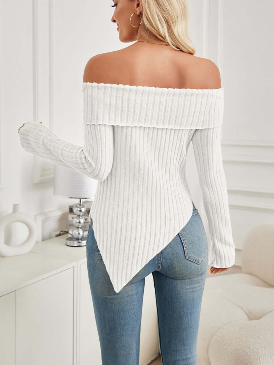 Ribbed Asymmetrical Hem Off-Shoulder Long Sleeve Tee