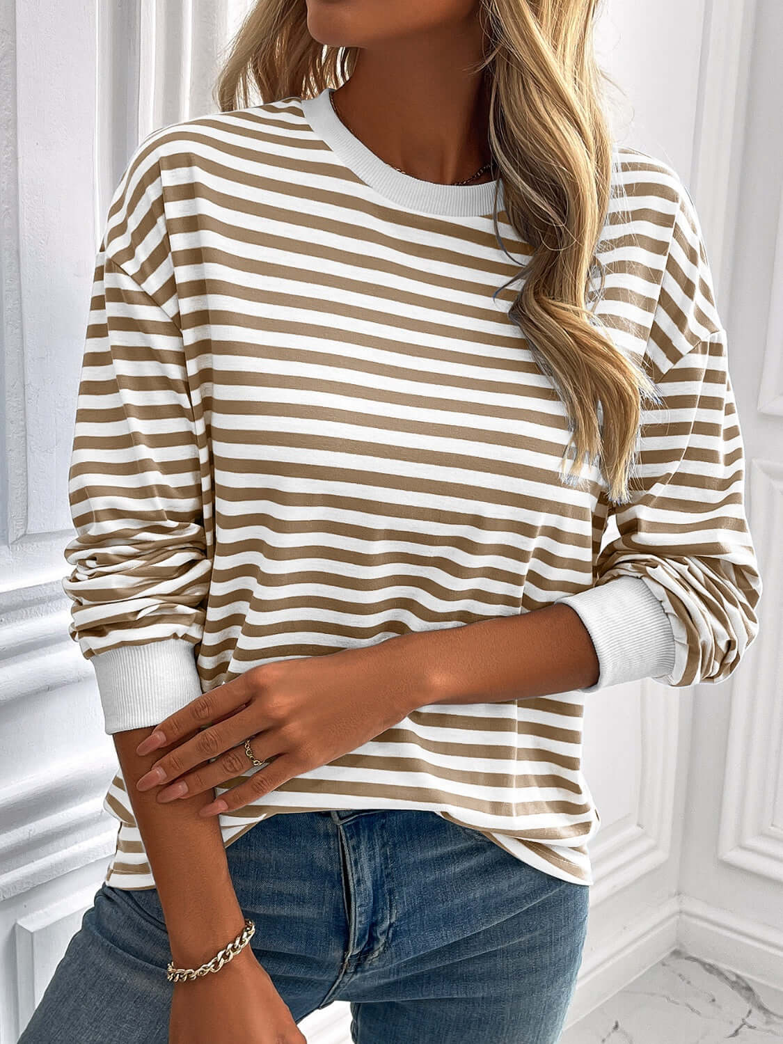 Ivy Lane Striped Round Neck Long Sleeve Sweatshirt Mocha