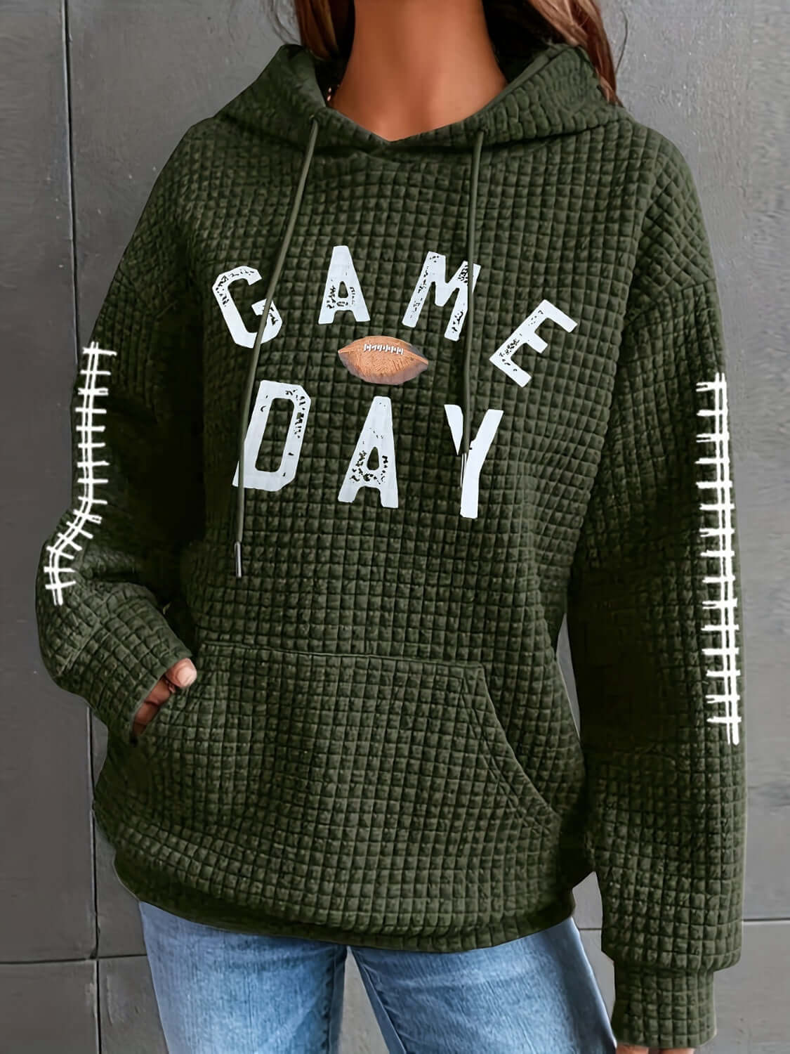 GAME DAY Football Drawstring Long Sleeve Hoodie Army Green