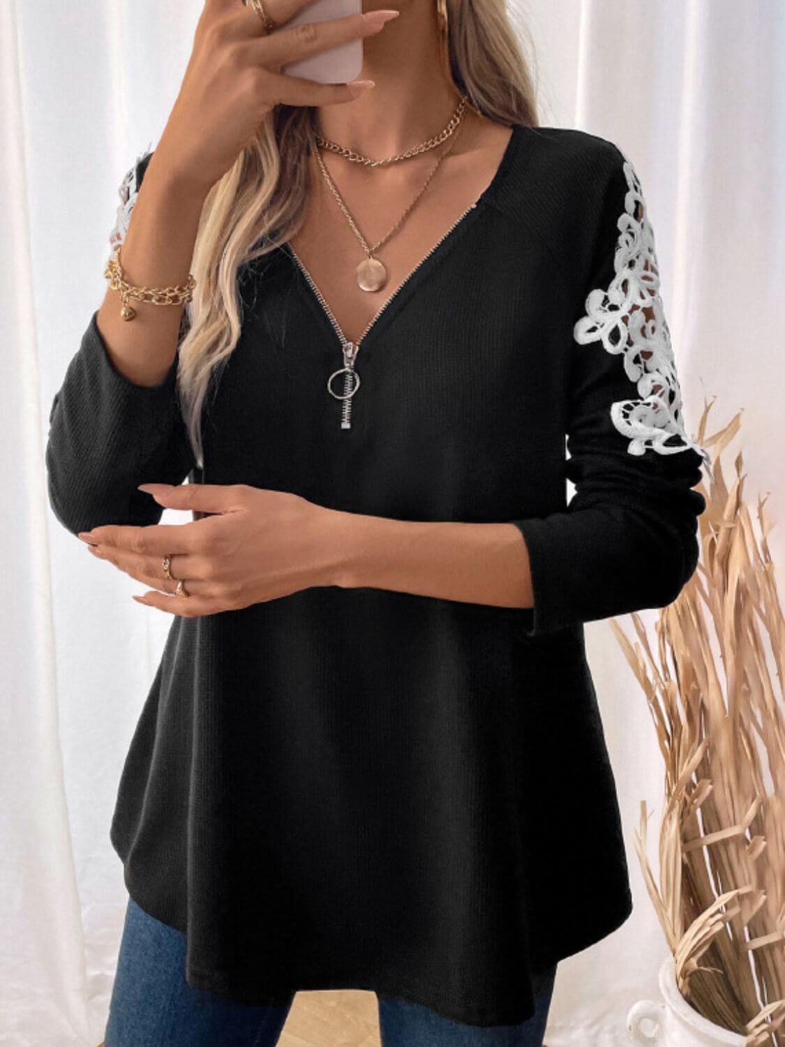 Perfee Lace Detail Quarter Zip Long Sleeve Top