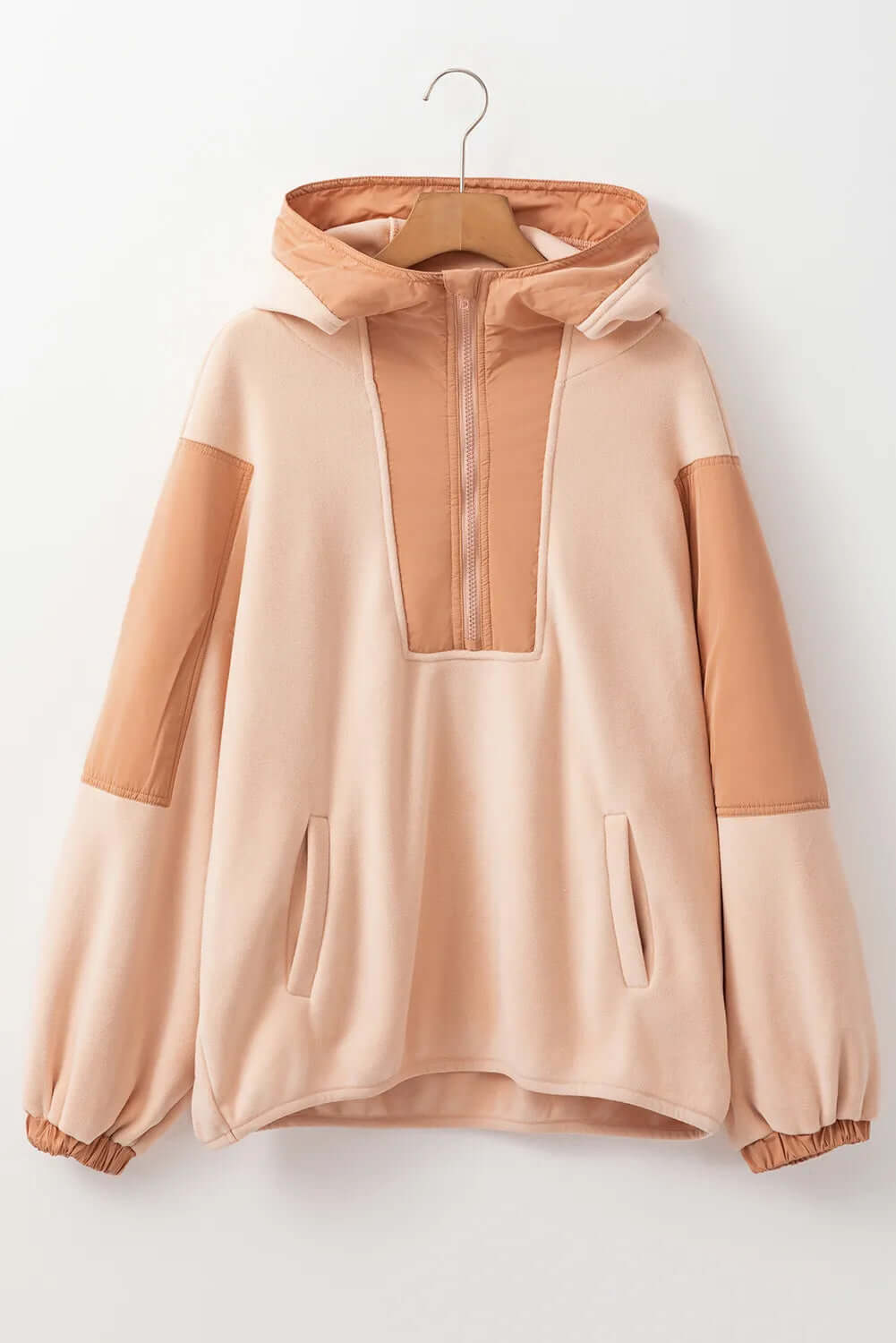 Color Block Half Zip Long Sleeve Hoodie Tan