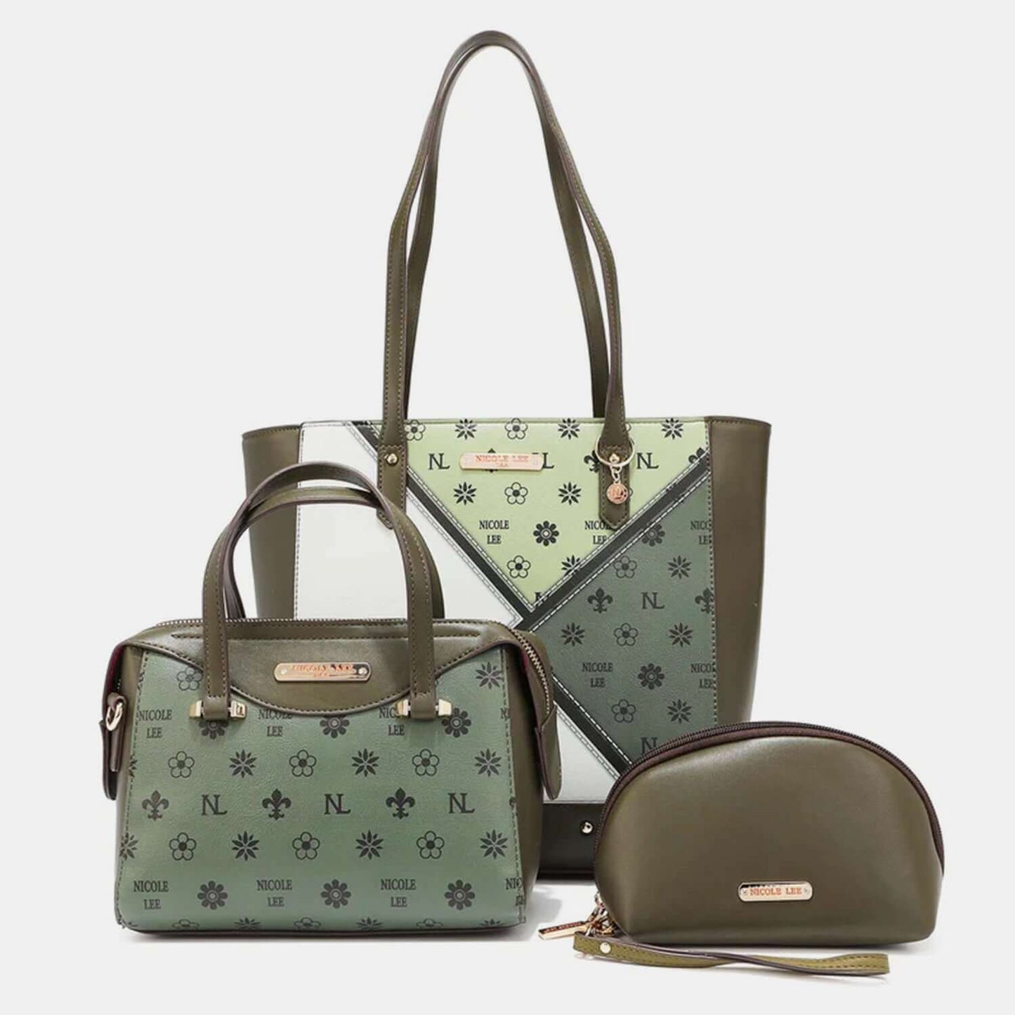 Nicole Lee USA 3-Piece Color Block Handbag Set OLIVE One Size