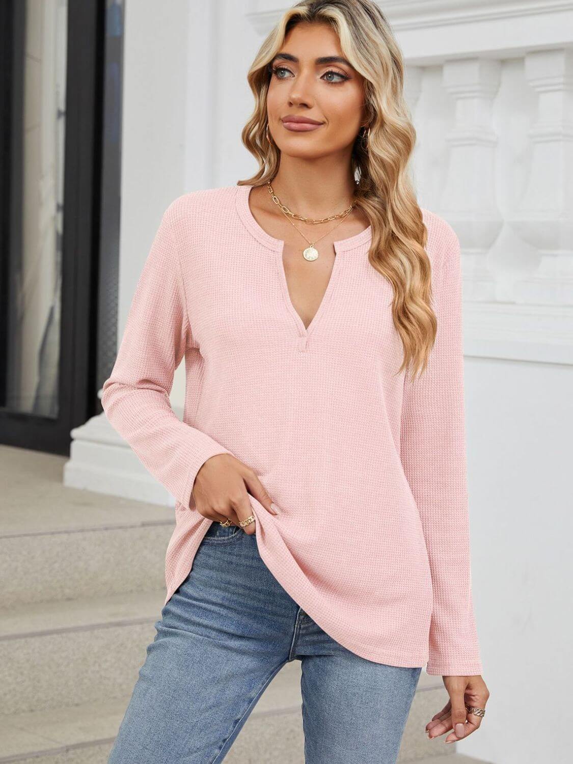 Waffle-Knit Notched Long Sleeve T-Shirt Blush Pink