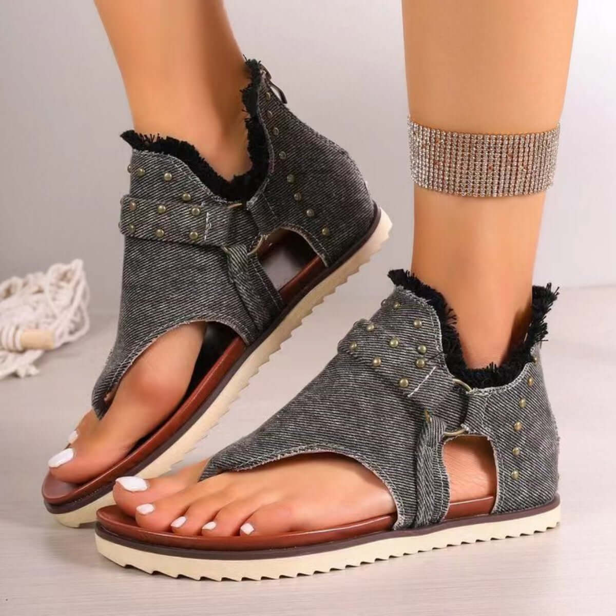 Studded Raw Hem Flat Sandals Dark Gray