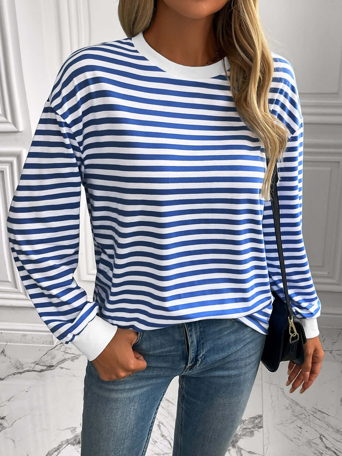 Ivy Lane Striped Round Neck Long Sleeve Sweatshirt Royal Blue