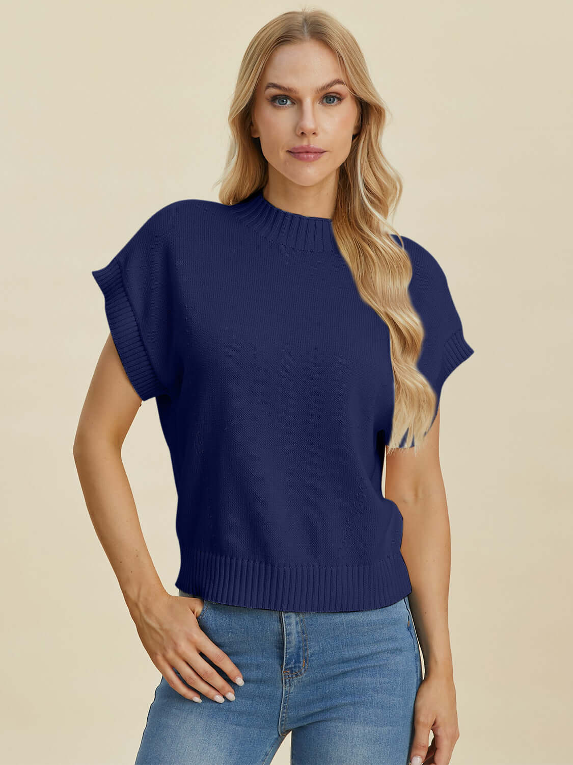 Double Take Full Size Mock Neck Short Sleeve Sweater Navy