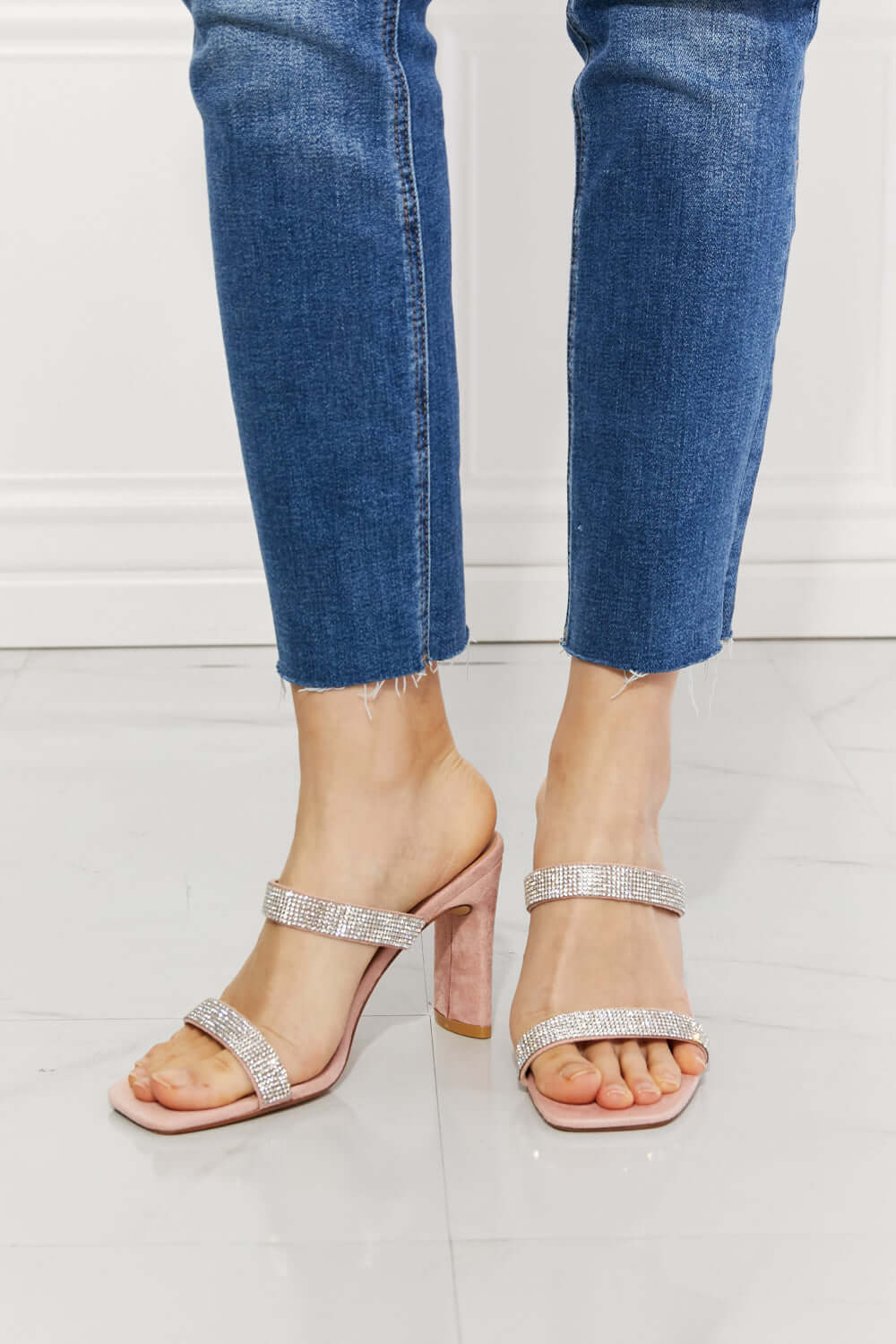 Sparkle in Pink: Rhinestone Block Heel Sandals Dusty Pink