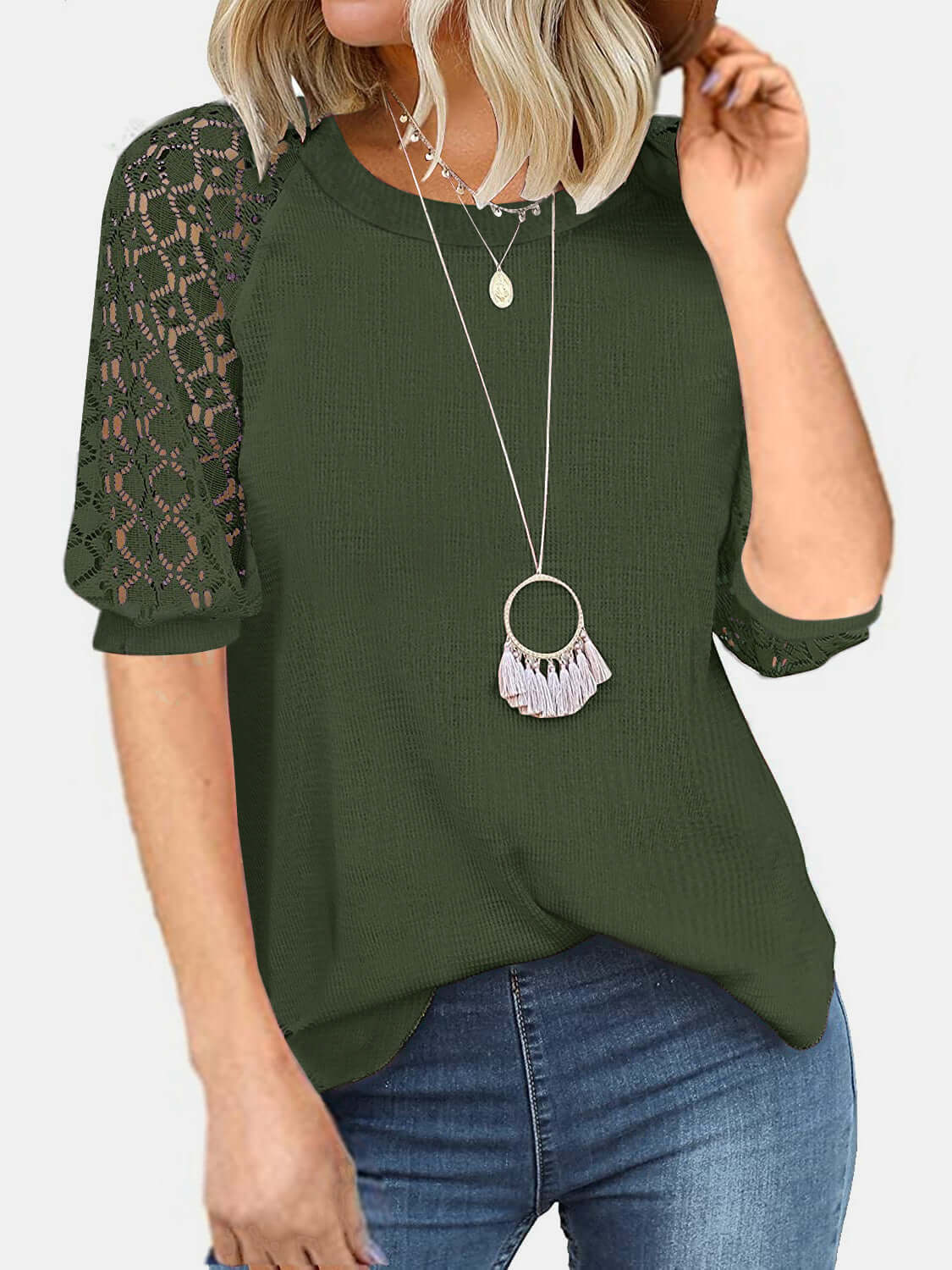 Lace Detail Round Neck Half Sleeve T-Shirt Dark Green