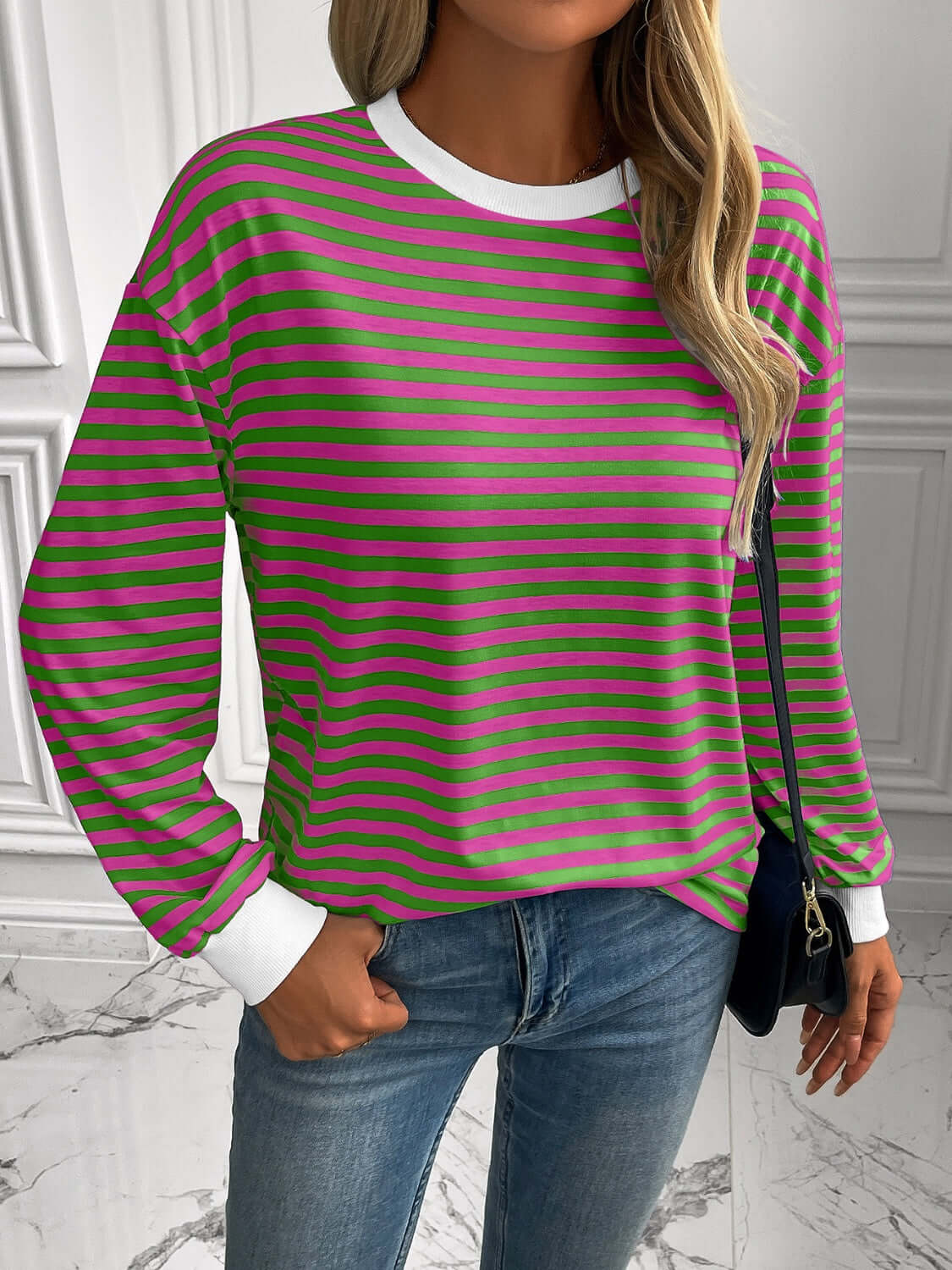 Ivy Lane Striped Round Neck Long Sleeve Sweatshirt Dark Green