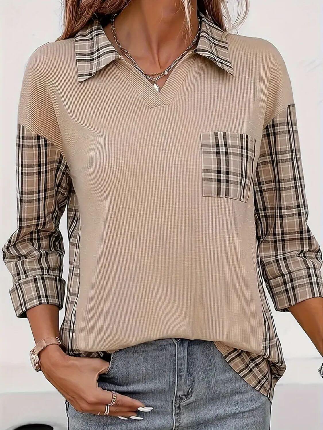 Plaid Johhny Collar Three-Quarter Sleeve T-Shirt Dust Storm