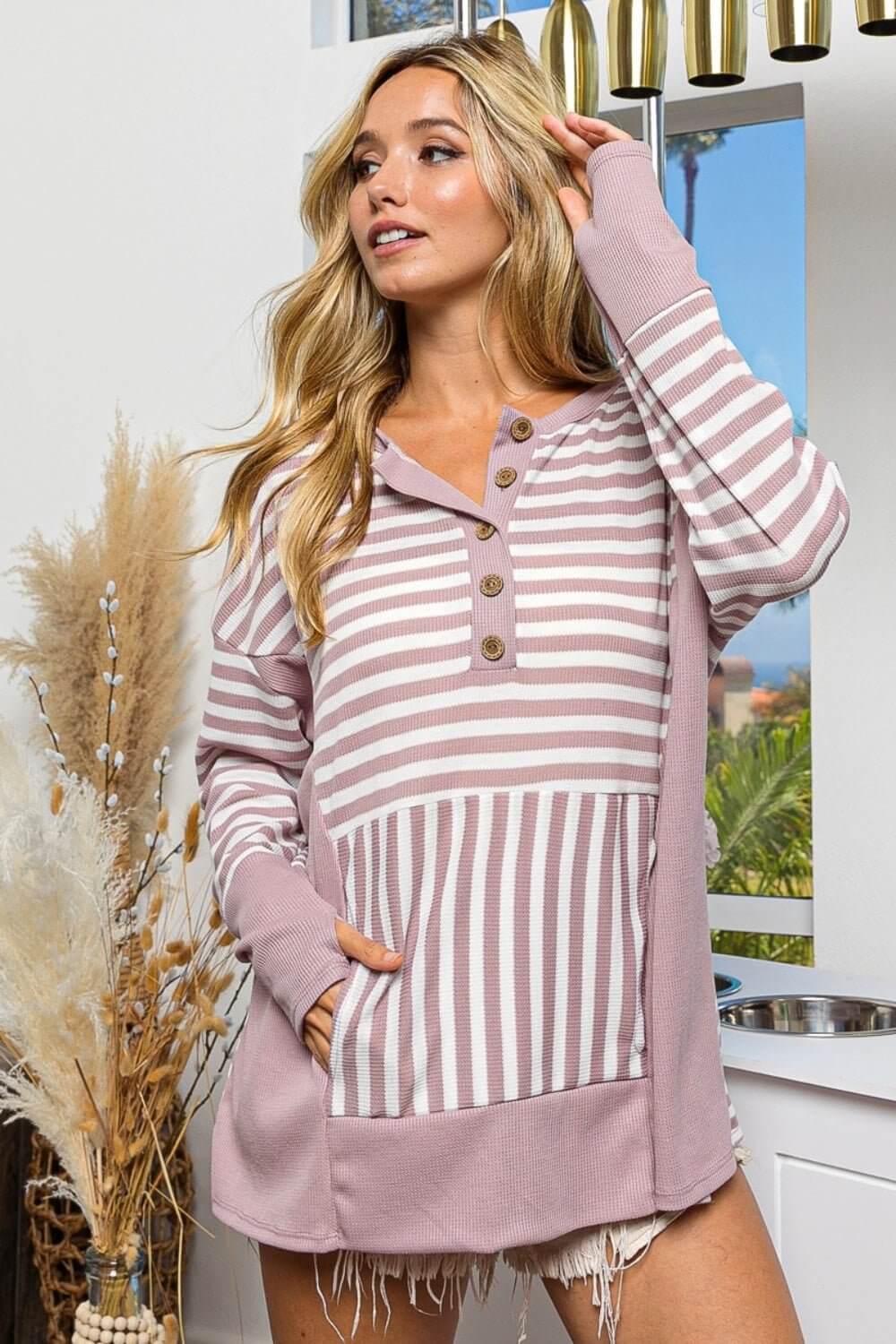 Trendy Tops: Bibi Striped Thumbhole Long Sleeve Top